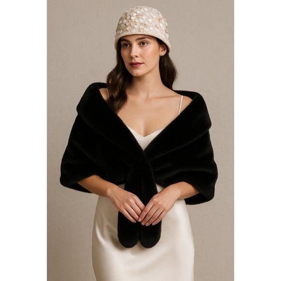 Caracilia Black Faux Fur Wrap Shawl  | Old Hollywood Glam | Winter Wedding & For - Picture 1 of 7